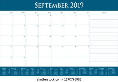 September 2019 desk calendar vector illustration, simple and clean design.