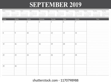 September 2019 desk calendar vector illustration, simple and clean design.