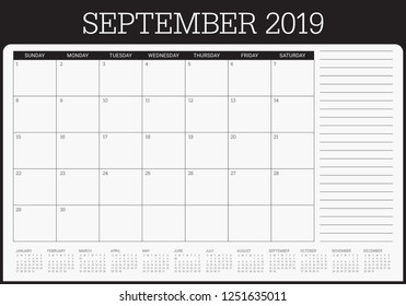 September 2019 desk calendar vector illustration, simple and clean design.