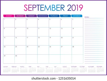 September 2019 desk calendar vector illustration, simple and clean design.