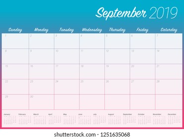 September 2019 desk calendar vector illustration, simple and clean design.