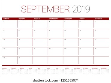 September 2019 desk calendar vector illustration, simple and clean design.
