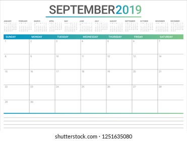 September 2019 desk calendar vector illustration, simple and clean design.