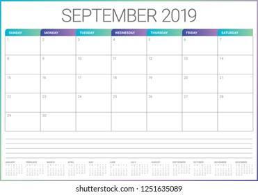 September 2019 desk calendar vector illustration, simple and clean design.