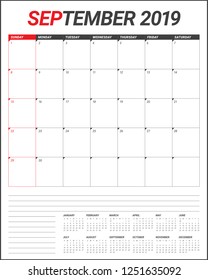 September 2019 desk calendar vector illustration, simple and clean design.
