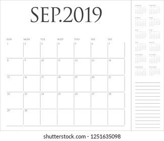 September 2019 desk calendar vector illustration, simple and clean design.