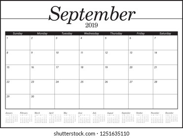 September 2019 desk calendar vector illustration, simple and clean design.
