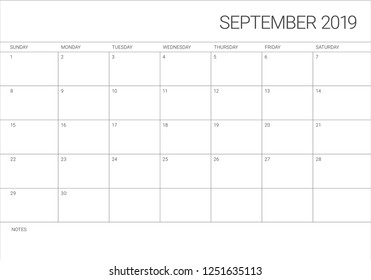 September 2019 desk calendar vector illustration, simple and clean design.