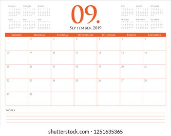 September 2019 desk calendar vector illustration, simple and clean design.