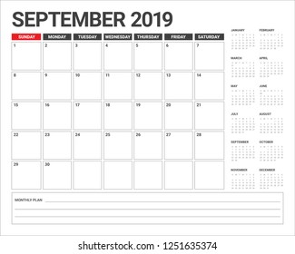 September 2019 desk calendar vector illustration, simple and clean design.