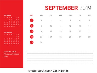 September 2019 desk calendar vector illustration, simple and clean design. 