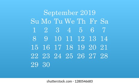 September 2019. Desktop wallpaper Calendar 2019 blue background, white numbers