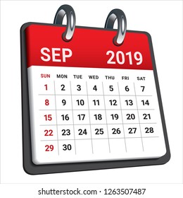 September 2019 monthly calendar vector illustration, simple and clean design. 