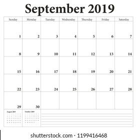 September 2019 -planning calendar. Weeks start on Sunday.