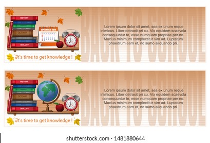September 2019. Set of banners on a school theme. Back to school. Time to get knowledge. School design collection. Vector illustration
