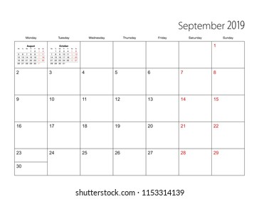 September 2019 simple calendar planner, week starts from Monday.