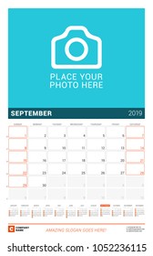 September 2019. Wall calendar for 2019 year. Vector design print template with place for photo and year calendar. Week sarts on Sunday