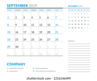 September 2019. Week starts on Sunday. Calendar planner stationery design template. Vector illustration