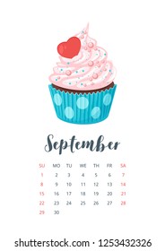 September 2019 year calendar page with cute sweet cupcake with heart. Vector cartoon style illustration. Template for print. Vertical layout.