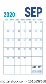 September 2020 calendar. Blue color planner. English calender template. Color vector grid. Office business planning. Creative design