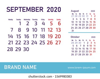 September 2020 Calendar Design. Vector template