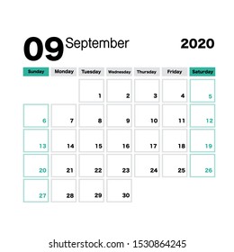 September 2020 calendar leaf. Week starts on Sunday. Printable vector stationery design template