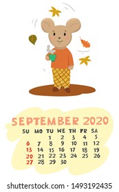 September 2020 calendar with mouse. Vector graphics.