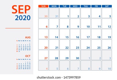 September 2020 Calendar Planner - vector illustration. Template. Mock up.