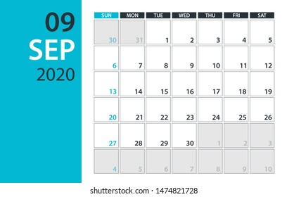 September 2020 Calendar Planner - vector illustration. Template. Mock up.