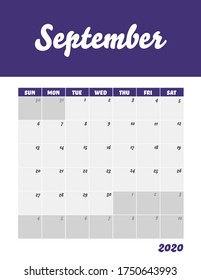 September 2020 Calendar Sheet. Week Start Sunday Modern Design Template.