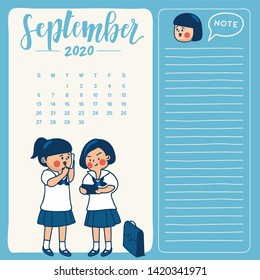 September : 2020 Calendar Template with hand drawn school kids illustration : Vector Illustration