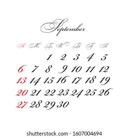 September 2020 Calendar vector with calligraphic font