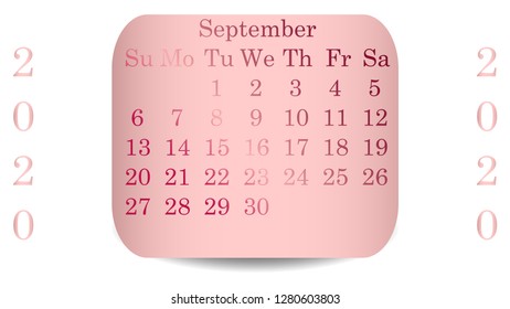 September 2020. Calendar 2020 vector design. Date on the curved stickers 