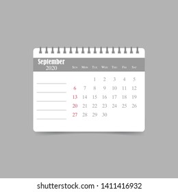 September 2020 calendar. Week starts sunday.