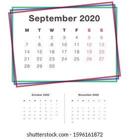 September 2020, Calendar 2020, Week starts from Monday, Holiday event planner. Modern calendar design. Desk Calendar illustration - Vector