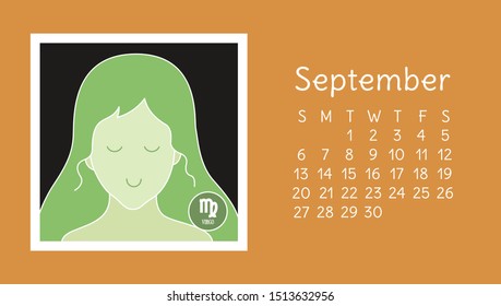 September 2020. Calendar. Zodiac sign: virgo. Vector horoscope. Astrological calender. Color design