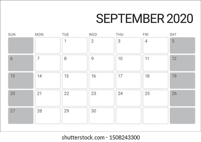 September 2020 desk calendar vector illustration, simple and clean design. 
