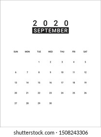 September 2020 desk calendar vector illustration, simple and clean design. 
