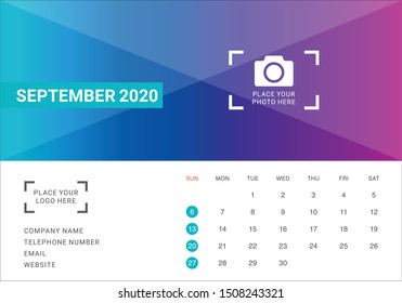September 2020 desk calendar vector illustration, simple and clean design. 
