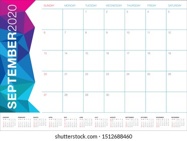 September 2020 desk calendar vector illustration, simple and clean design. 

