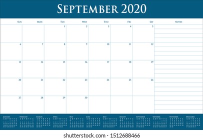 September 2020 desk calendar vector illustration, simple and clean design. 
