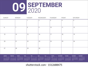 September 2020 desk calendar vector illustration, simple and clean design. 
