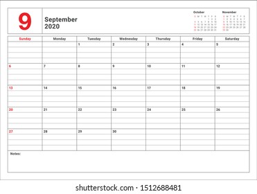 September 2020 desk calendar vector illustration, simple and clean design. 
