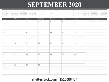 September 2020 desk calendar vector illustration, simple and clean design. 
