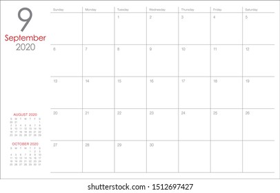 September 2020 desk calendar vector illustration, simple and clean design. 
