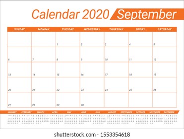 September 2020 desk calendar vector illustration, simple and clean design. 
