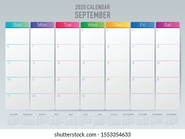 September 2020 desk calendar vector illustration, simple and clean design. 
