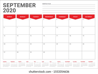 September 2020 desk calendar vector illustration, simple and clean design. 

