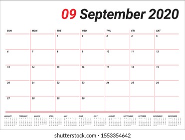 September 2020 desk calendar vector illustration, simple and clean design. 
