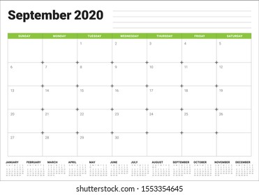 September 2020 desk calendar vector illustration, simple and clean design. 
